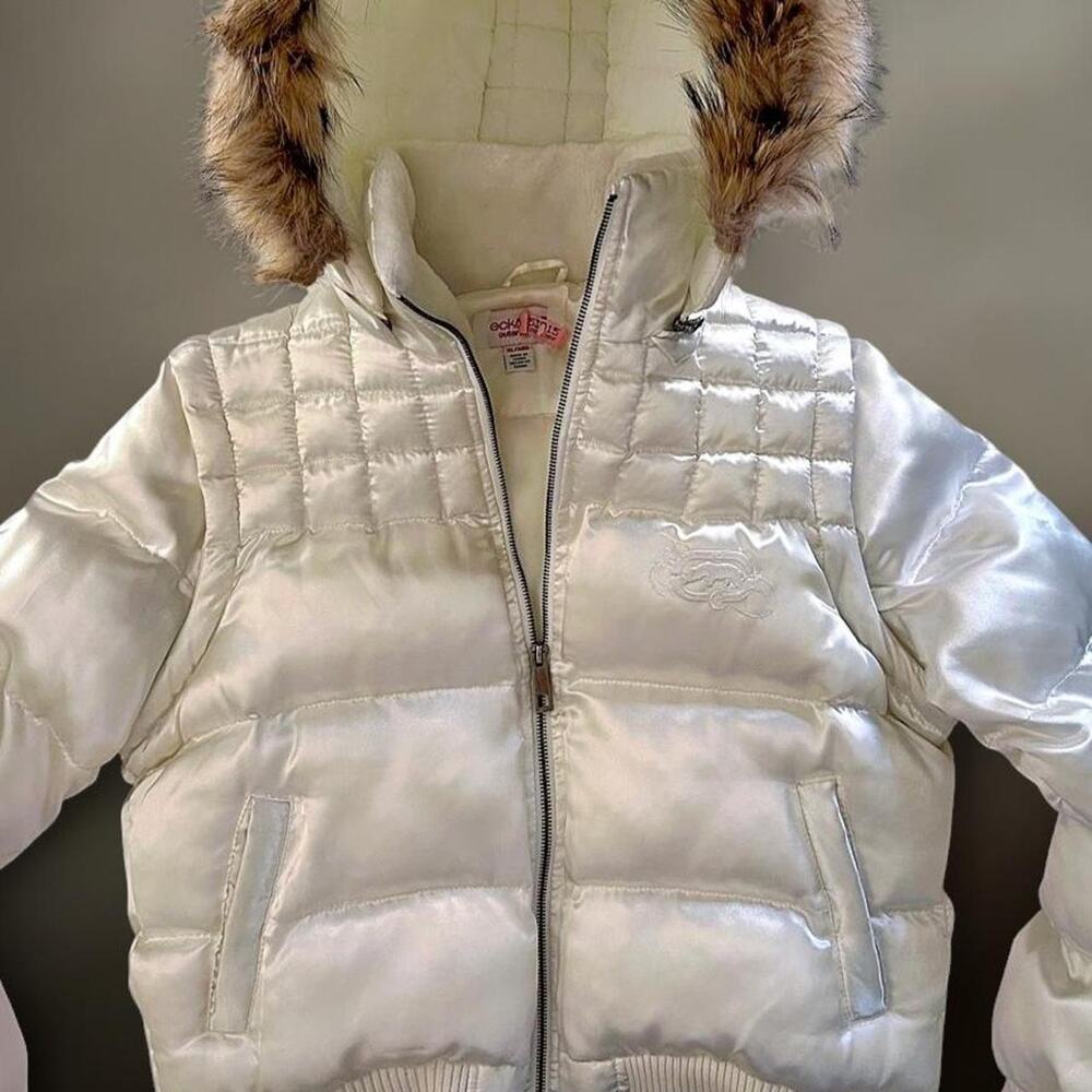 Vintage Y2K Ecko Red Pearl White Satin Puffer Jacket with Real Raccoon Fur Trim